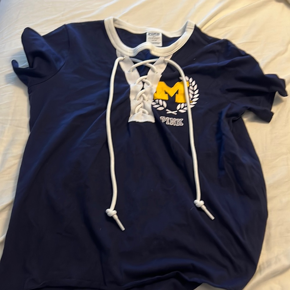 Size small, navy t-shirt, team Michigan represented, lace up, from Pink.